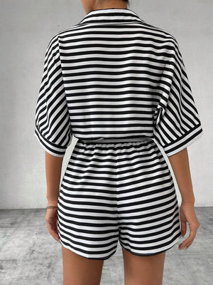 Black and white striped romper with self-tie belt and elastic waist shorts.