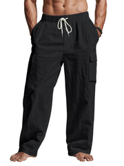 Black relaxed-fit cargo pants with drawstring waist and side pockets.