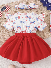Baby patriotic ruffle sleeve one-piece set with red skirt and bow print.