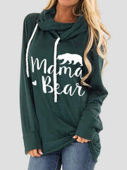 Dark green cowl neck hoodie with white Mama Bear graphic and drawstring.