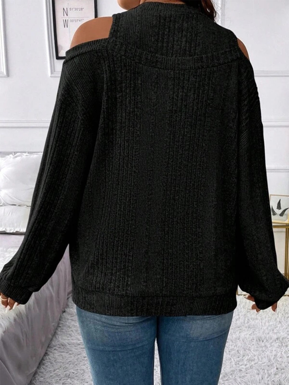 Black ribbed mock neck cold shoulder long sleeve knit top