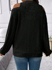 Black ribbed mock neck cold shoulder long sleeve knit top