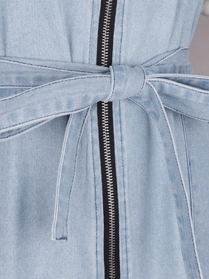 Light wash denim mini dress with zipper front and tie waist
