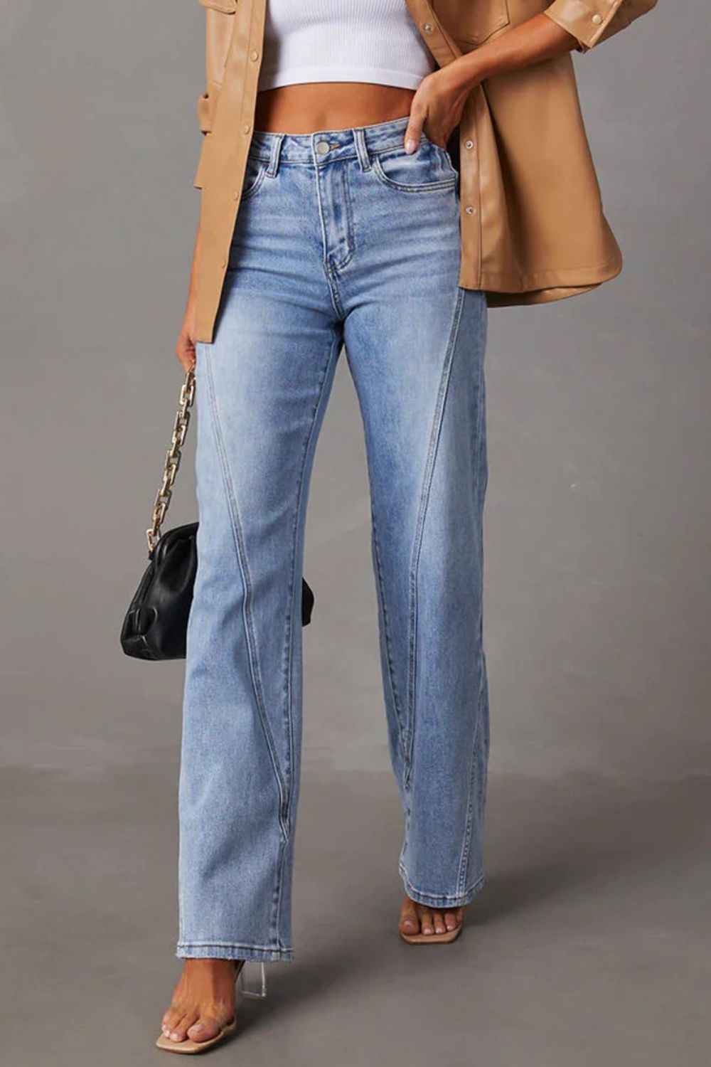 Light wash cotton blend wide leg jeans with panel seams