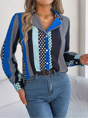 Collared blouse with black, blue, and mint green panel print and polka dots.