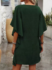 Army green mini dress with ruffled sleeves and V-neck, casual style.