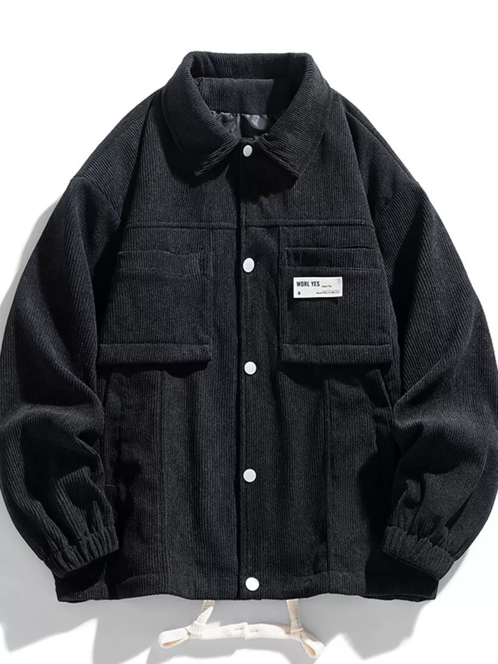 Black corduroy button-down jacket with two chest pockets and white buttons.