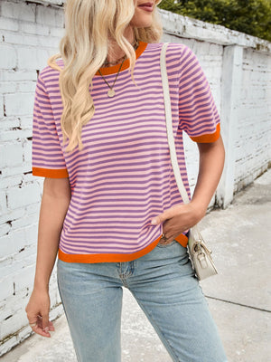 Striped knit tee with orange trim and neckline, short sleeves, crew neck
