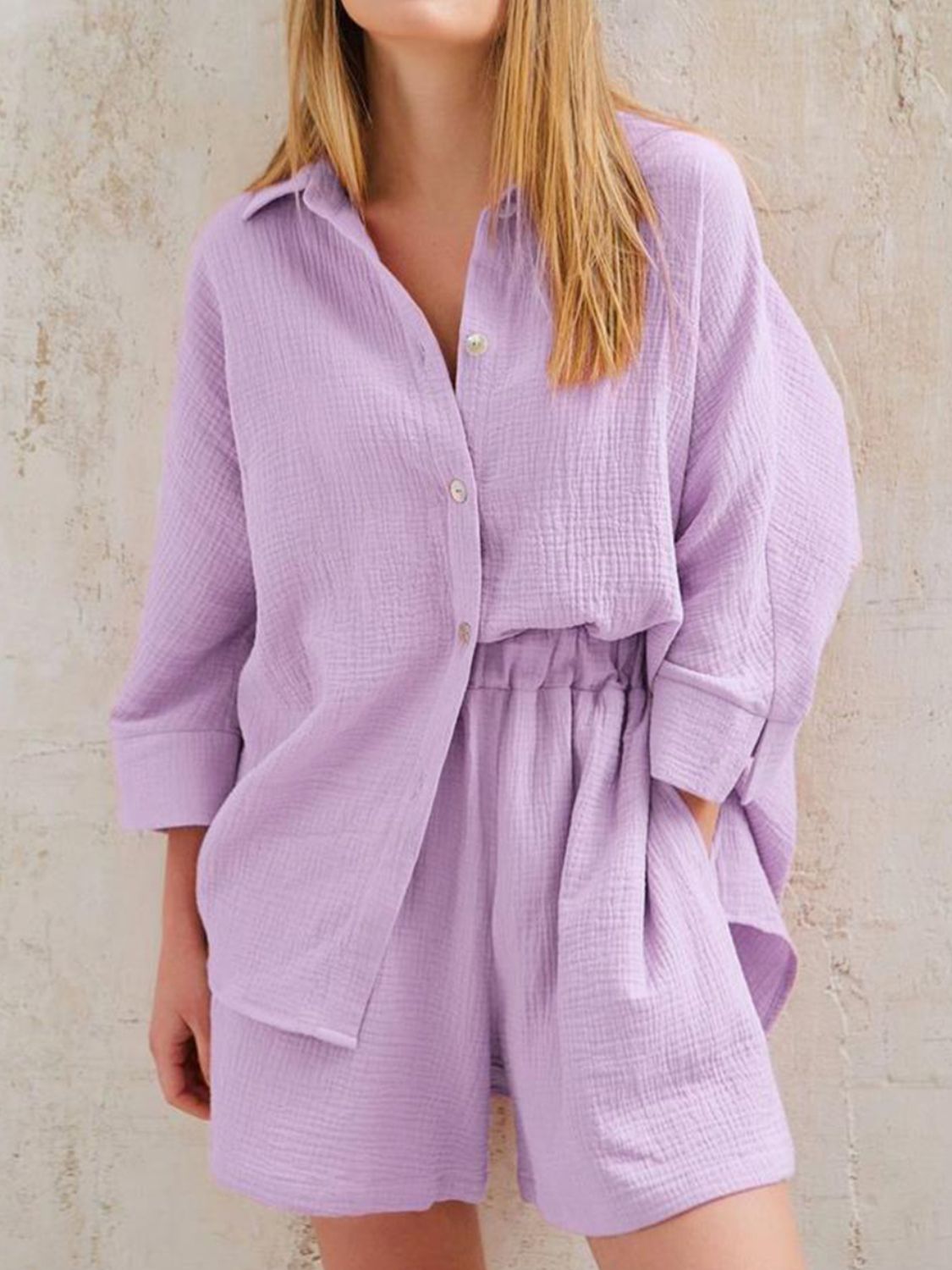 Gauze cotton resort shirt and shorts set in lavender with button front and elastic waist shorts.