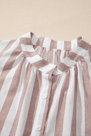 Gathered collar stripe sleeveless blouse with button front and a relaxed fit.
