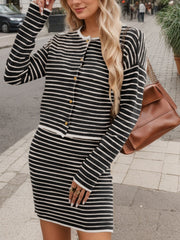 Black and white striped knit co-ord set with buttoned cardigan and mini skirt.