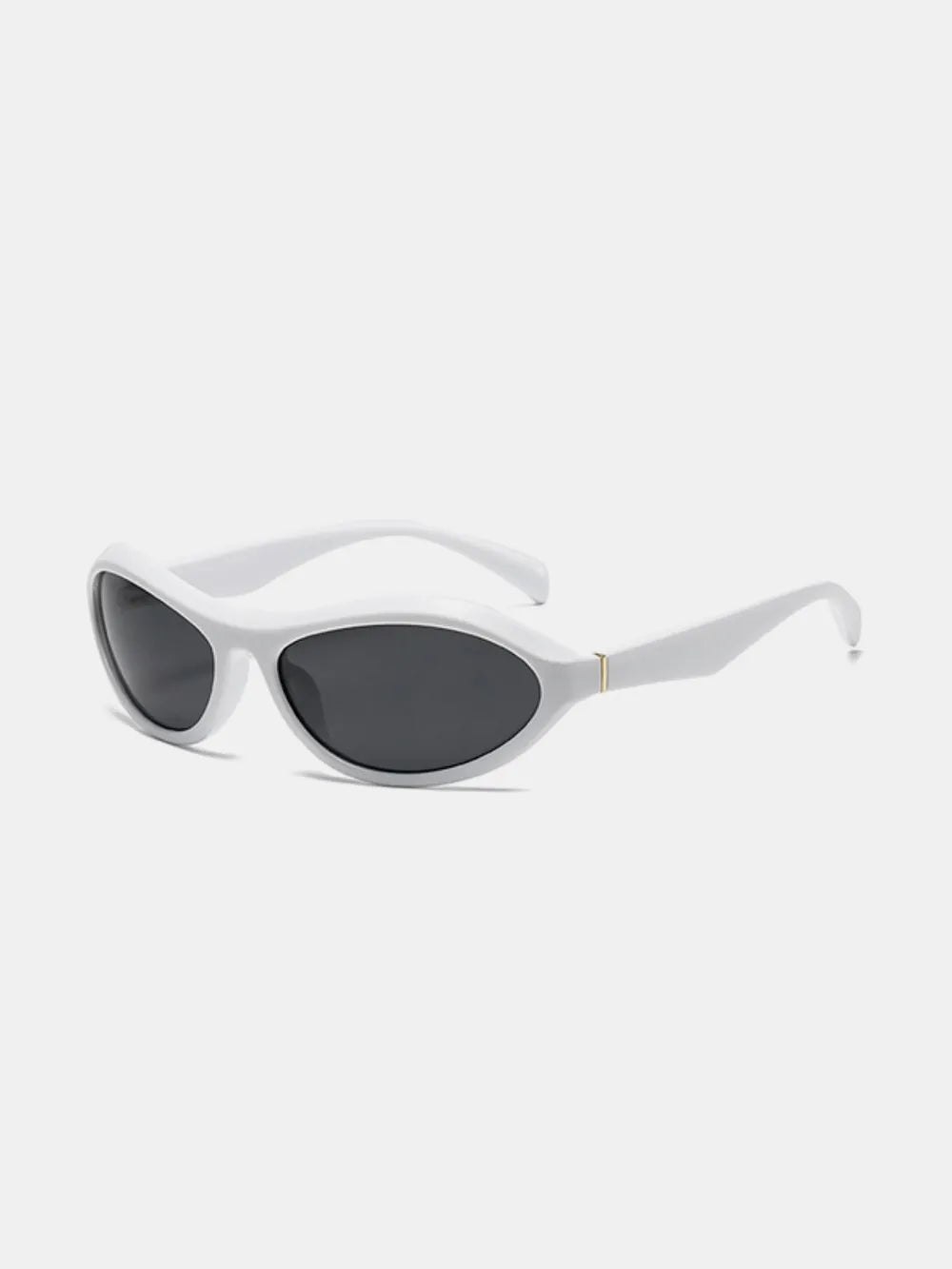 White sculpted oval lens sunglasses with dark lenses and gold accent