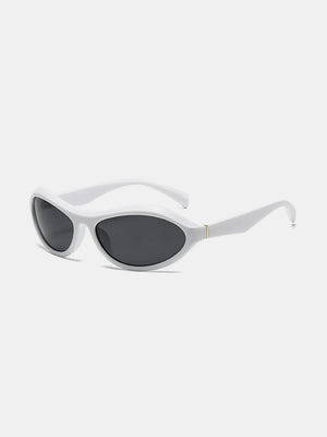 White sculpted oval lens sunglasses with dark lenses and gold accent