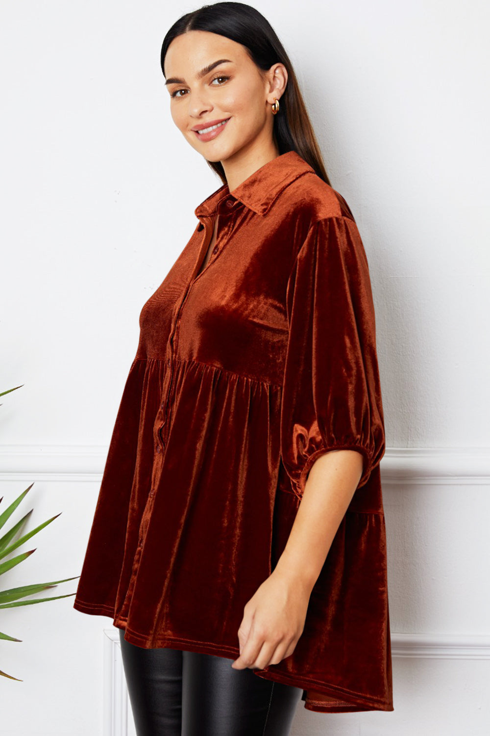 Tiered velvet button-down tunic in Chestnut with puff sleeves and a collared neckline.