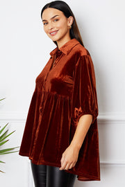 Tiered velvet button-down tunic in Chestnut with puff sleeves and a collared neckline.