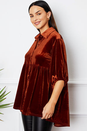 Tiered velvet button-down tunic in Chestnut with puff sleeves and a collared neckline.