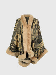 Camel feather print cape with faux fur trim and collar