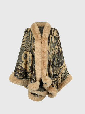 Camel feather print cape with faux fur trim and collar