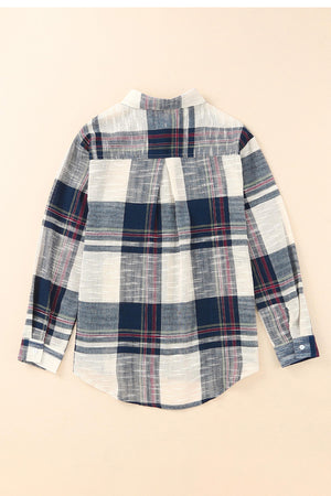 Linen plaid button-down overshirt with a relaxed fit and button cuffs.