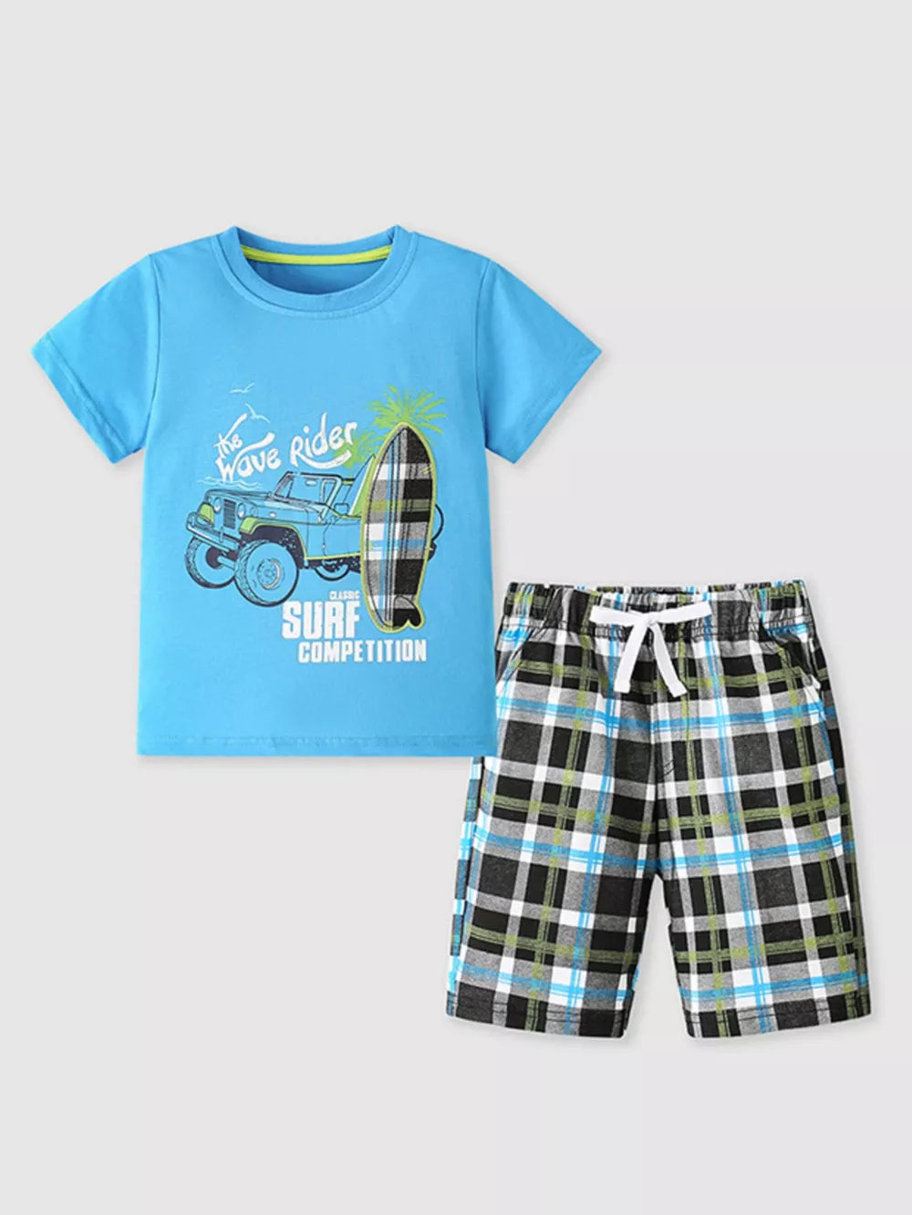 Baby blue graphic tee with surf competition print and plaid drawstring shorts.