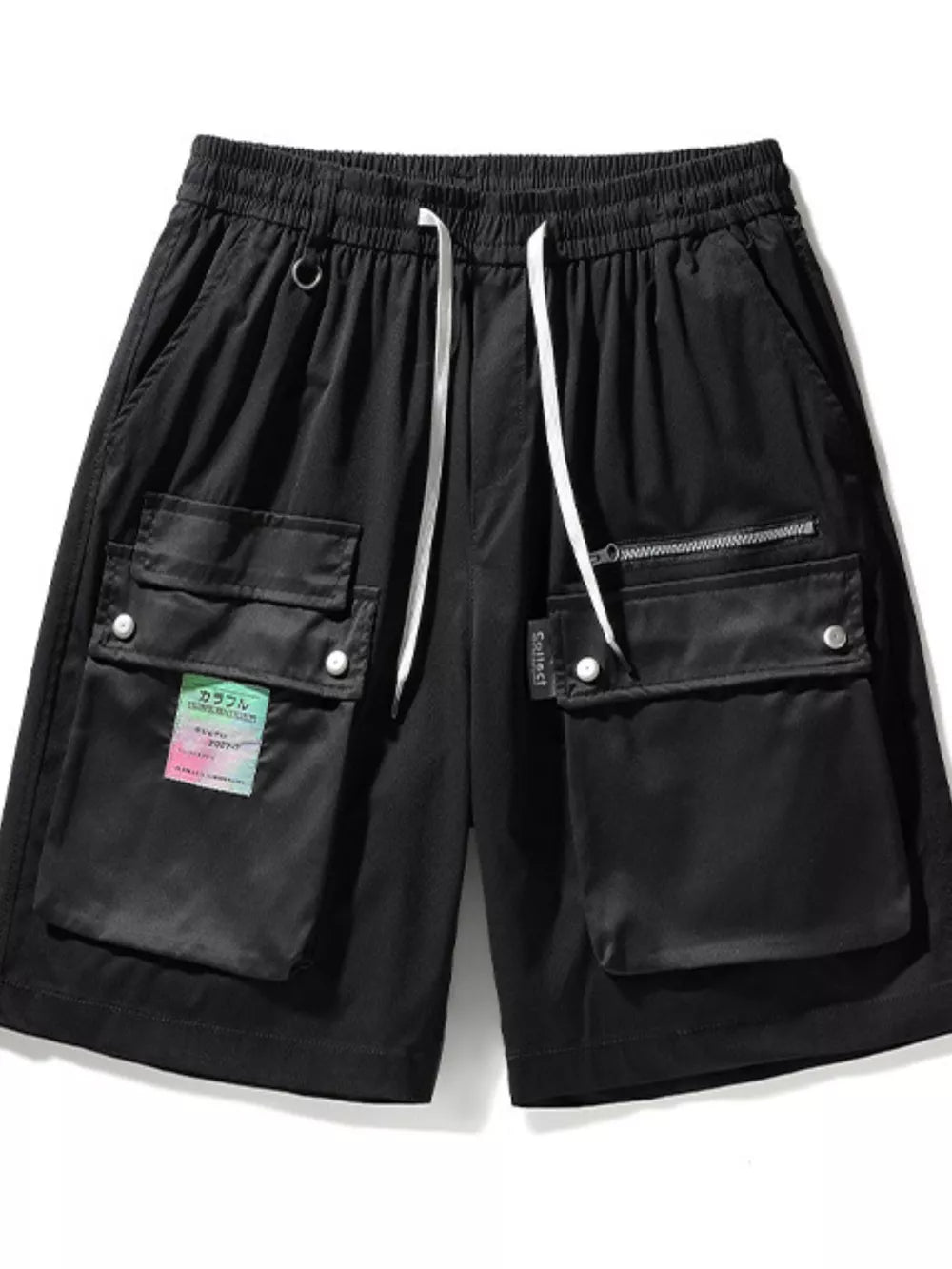Black cargo shorts with multiple pockets, drawstring waist, and a colorful tag.