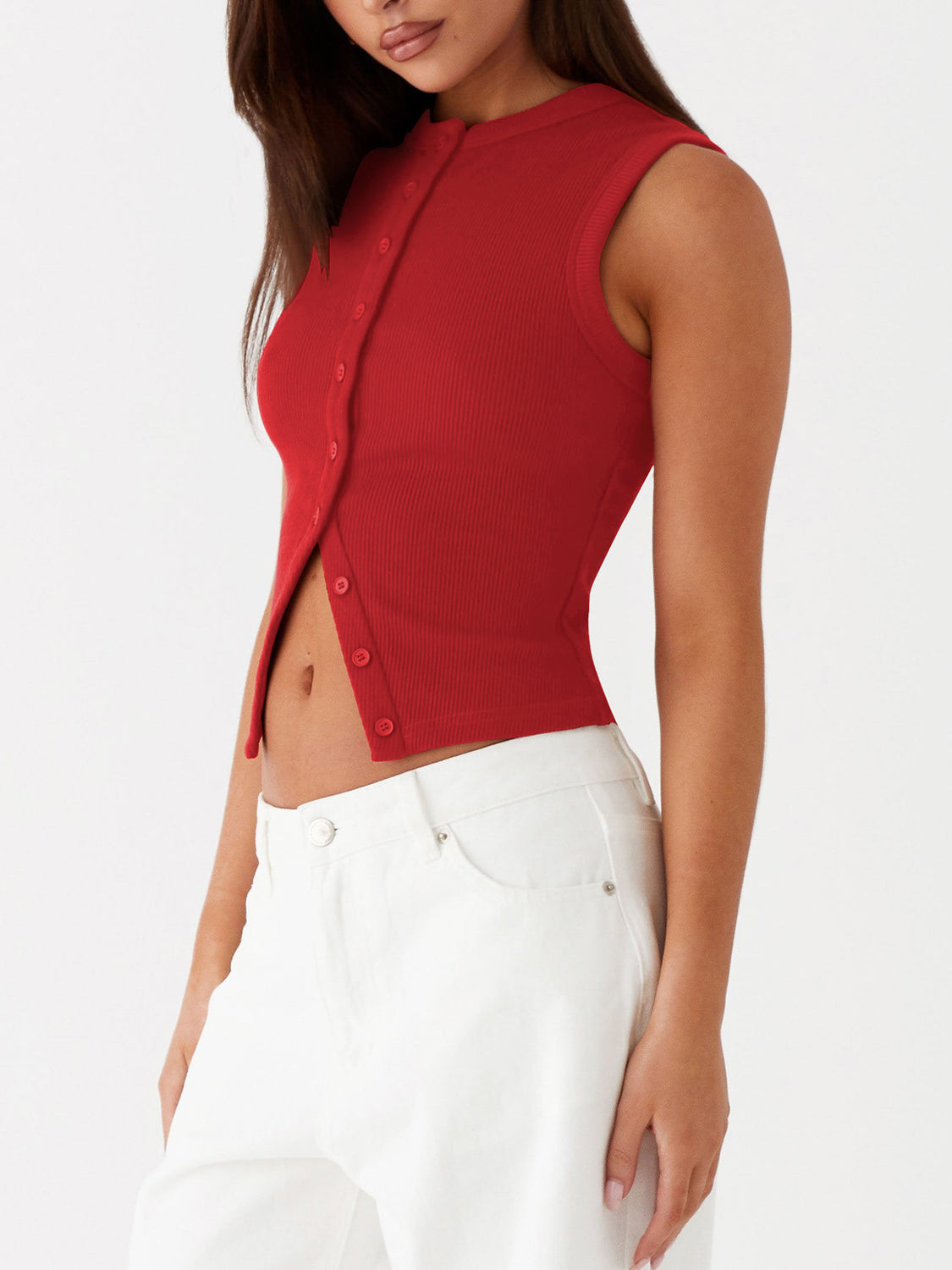 Scarlet ribbed knit button-down crop top with a mock neck and sleeveless design.