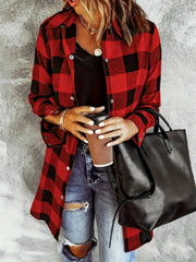Oversized red and black buffalo check shirt jacket with button front and collar.