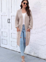 Ribbed knit maxi cardigan in Khaki with pockets and balloon sleeves.
