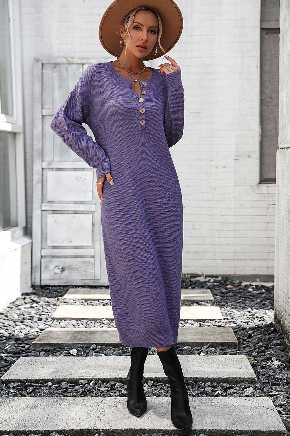 Textured knit henley midi dress in purple with button detail and long sleeves.