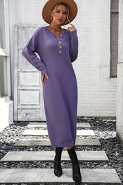 Textured knit henley midi dress in purple with button detail and long sleeves.