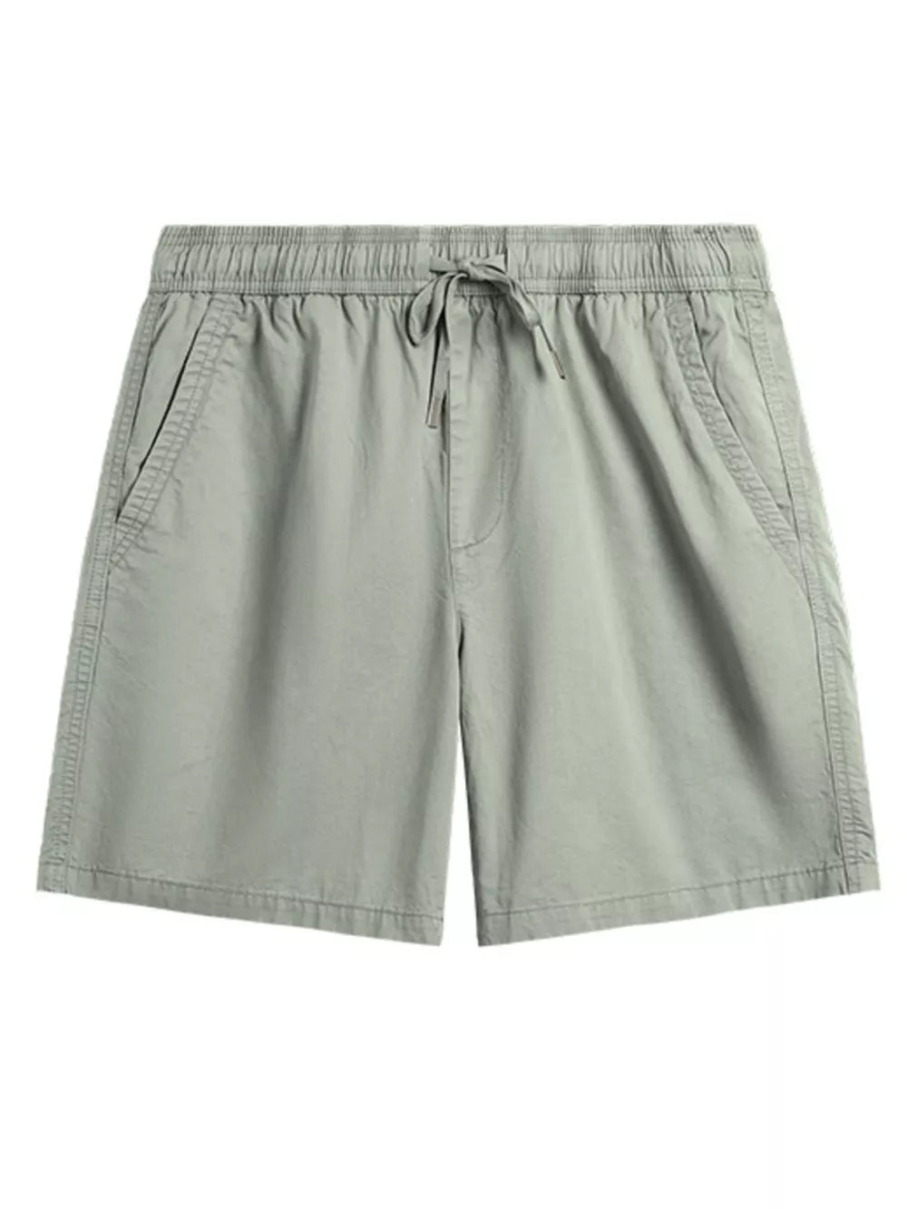 Men's light grey drawstring shorts with elastic waistband and side pockets.