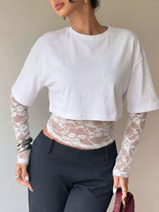 Lace Patchwork Short Sleeve T-shirt in Black, fit detail
