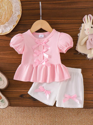 Children's Ribbed Bow Top And Shorts Set in Pink, front view