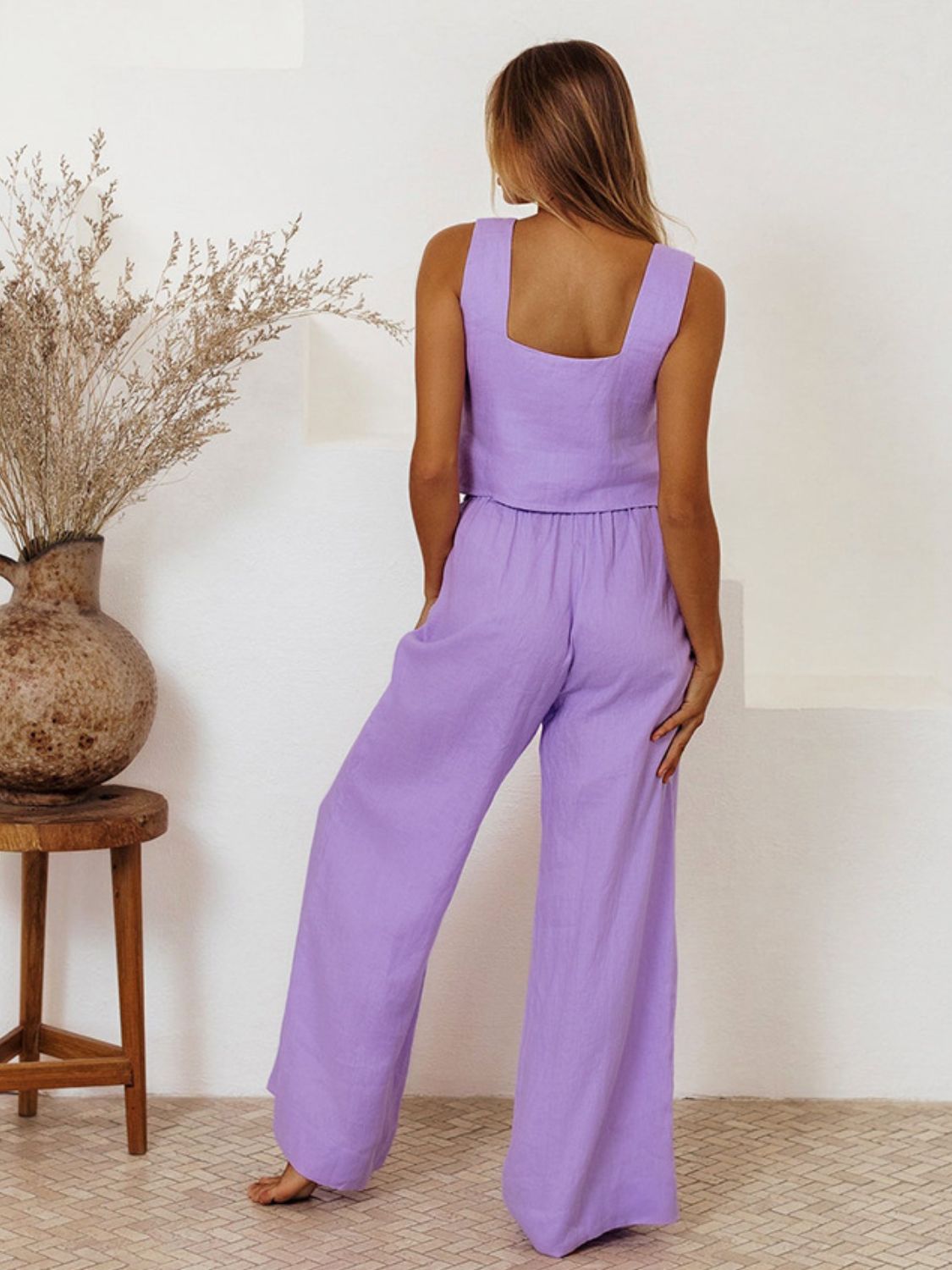Lavender linen square neck tank top and wide leg pants set