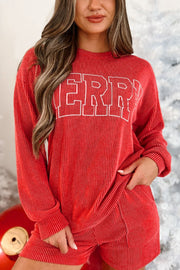 Deep red textured loungewear set with "Merry" graphic on crewneck sweatshirt and matching shorts.