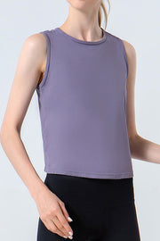 Lavender activewear tank top with round neckline and sleeveless cut.