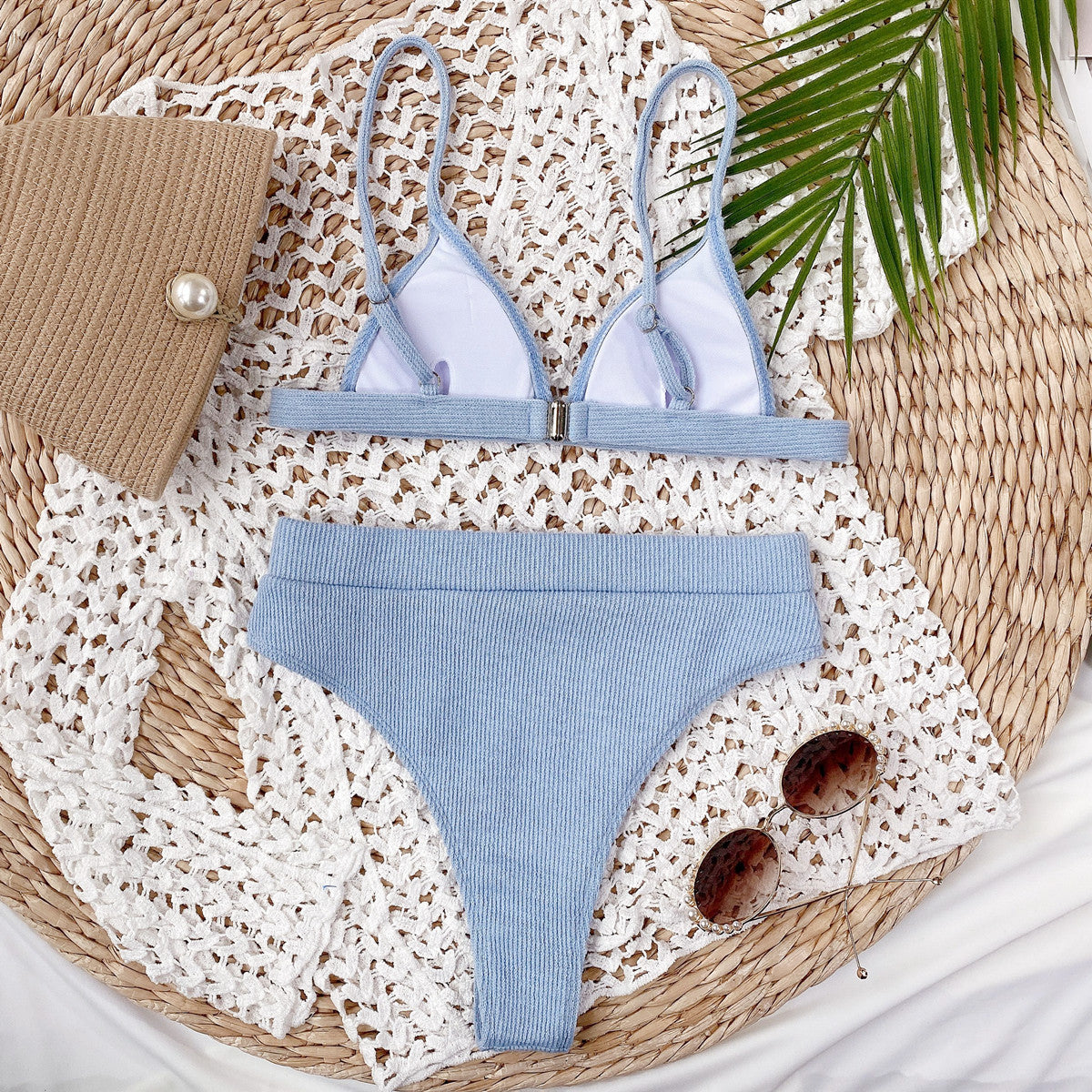 Light blue ribbed triangle bikini top and high-waist brief