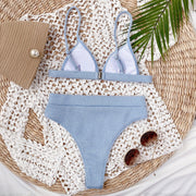 Light blue ribbed triangle bikini top and high-waist brief