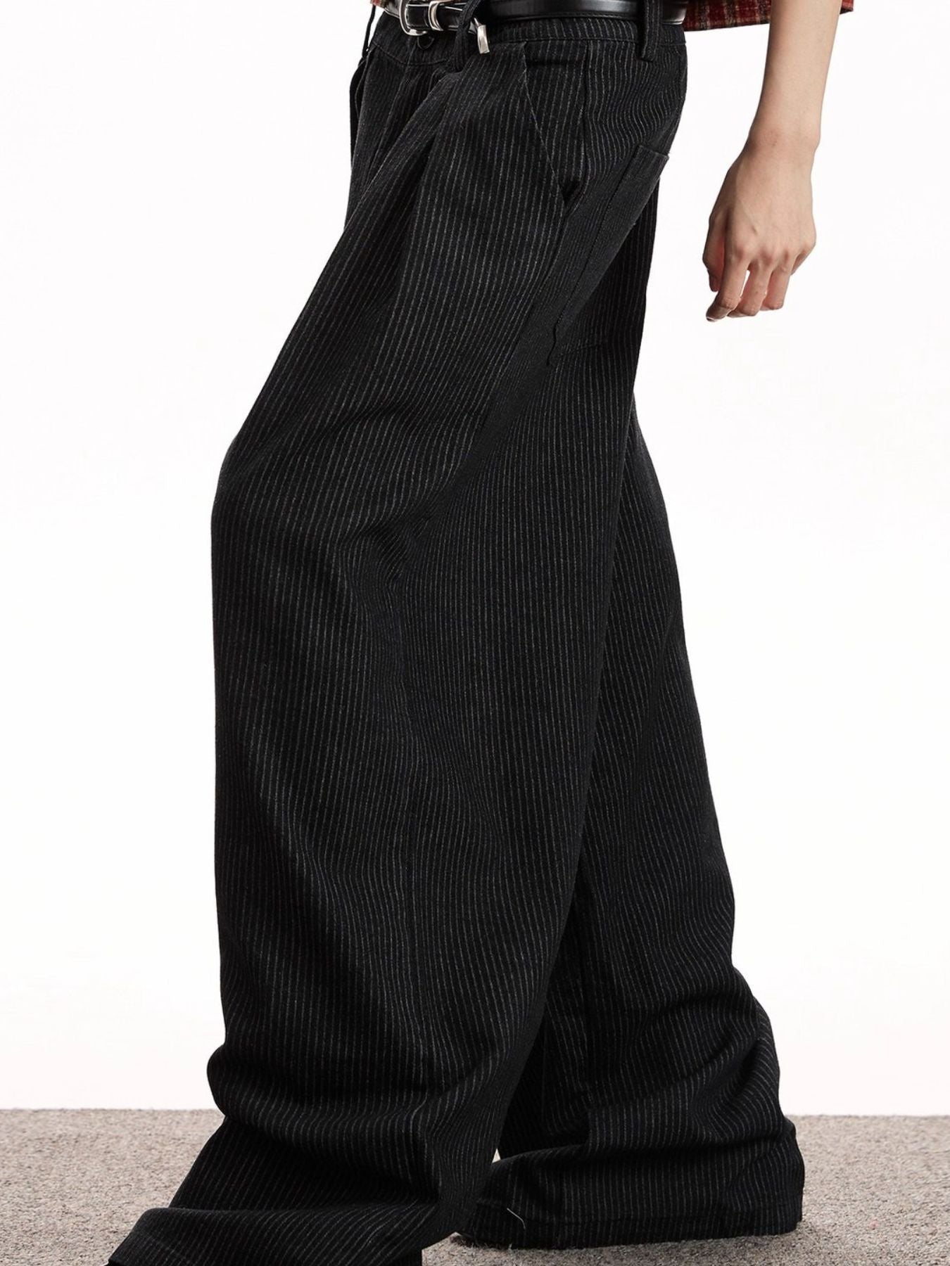 Men's black pinstripe wide-leg sweatpants with a comfortable casual fit.