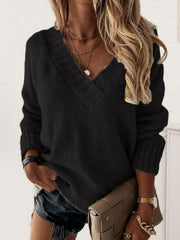 Black V-neck knit sweater with ribbed trim and cuffs.