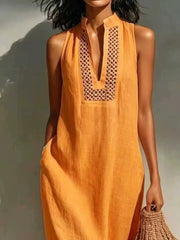 Sleeveless Maxi Dress With Pockets in Orange, fabric detail