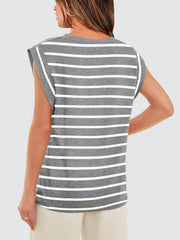 Tank top with padded shoulders and white horizontal stripes on grey fabric.