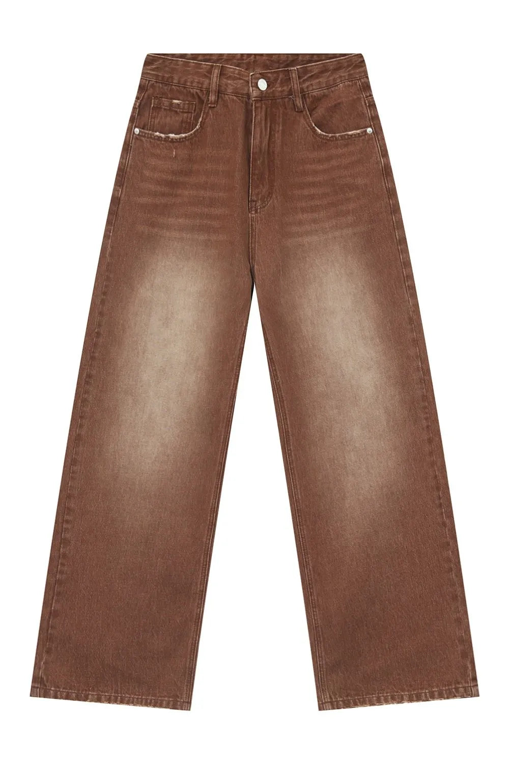 Brown faded wash wide leg denim trousers with distressed pocket details.