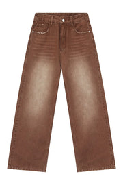 Brown faded wash wide leg denim trousers with distressed pocket details.