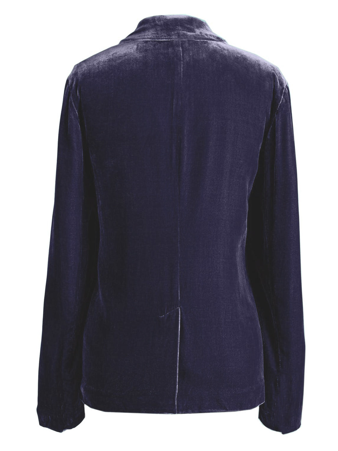 Peacock blue velvet blazer with rolled cuff detail and buttoned front.