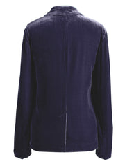 Peacock blue velvet blazer with rolled cuff detail and buttoned front.