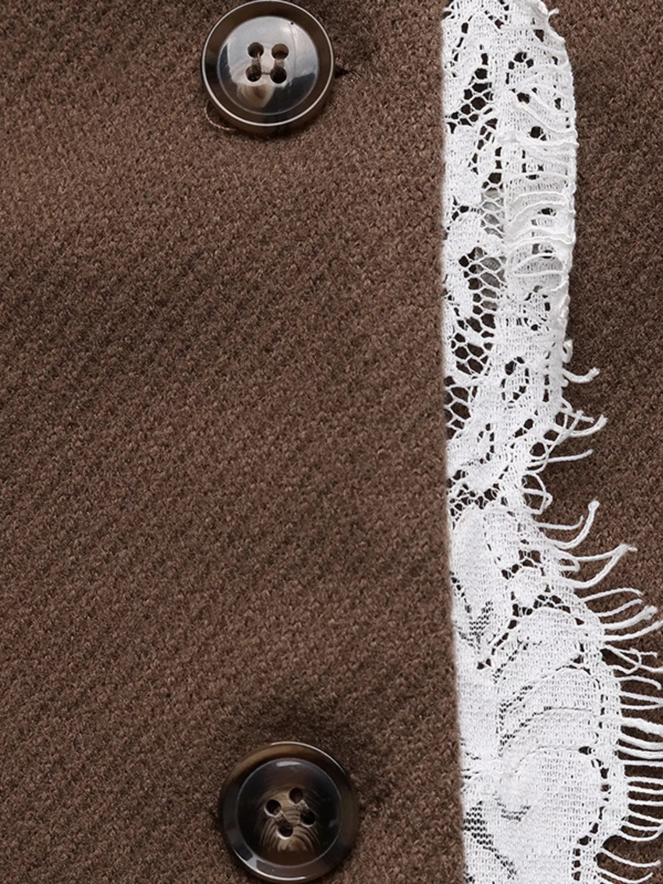 Brown button-up blazer with white lace trim and dark buttons