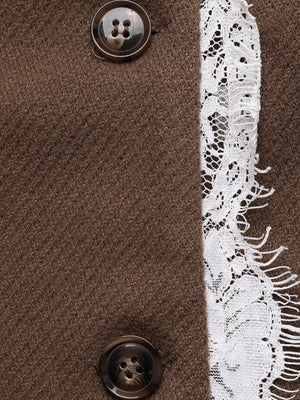 Brown button-up blazer with white lace trim and dark buttons
