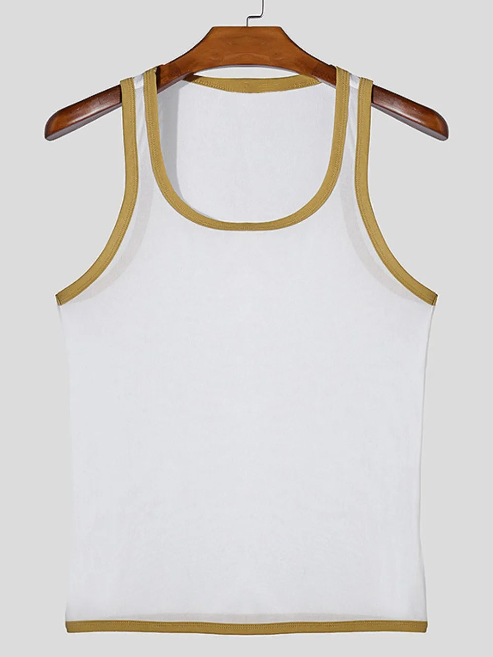 White mesh tank top with contrast trim on neckline and armholes