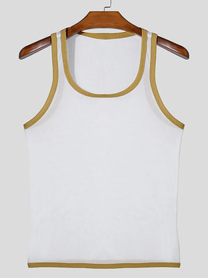 White mesh tank top with contrast trim on neckline and armholes